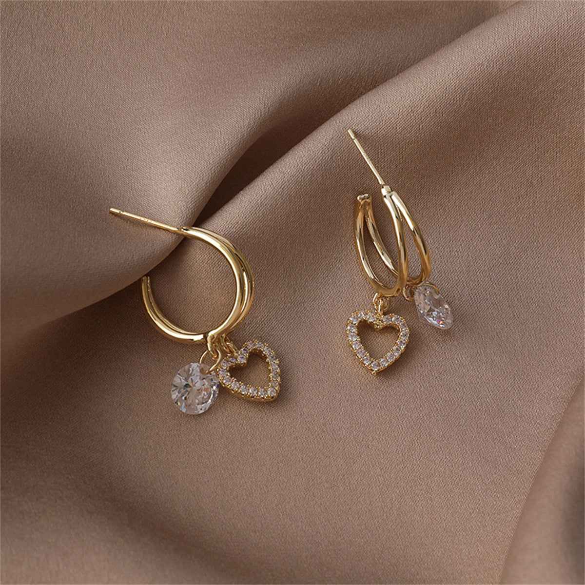 Cubic Zirconia & Goldtone Heart Drop Earrings