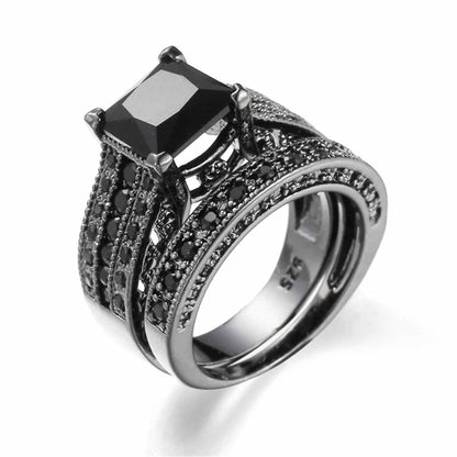 Black Crystal & Cubic Zirconia Band Ring Set