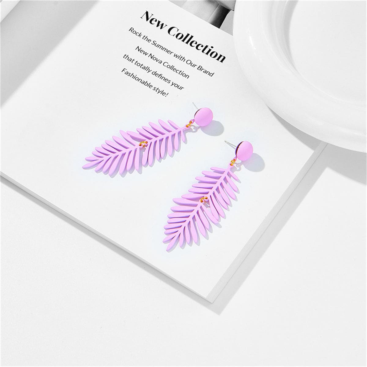 Purple Enamel & Goldtone Leaves Drop Earrings