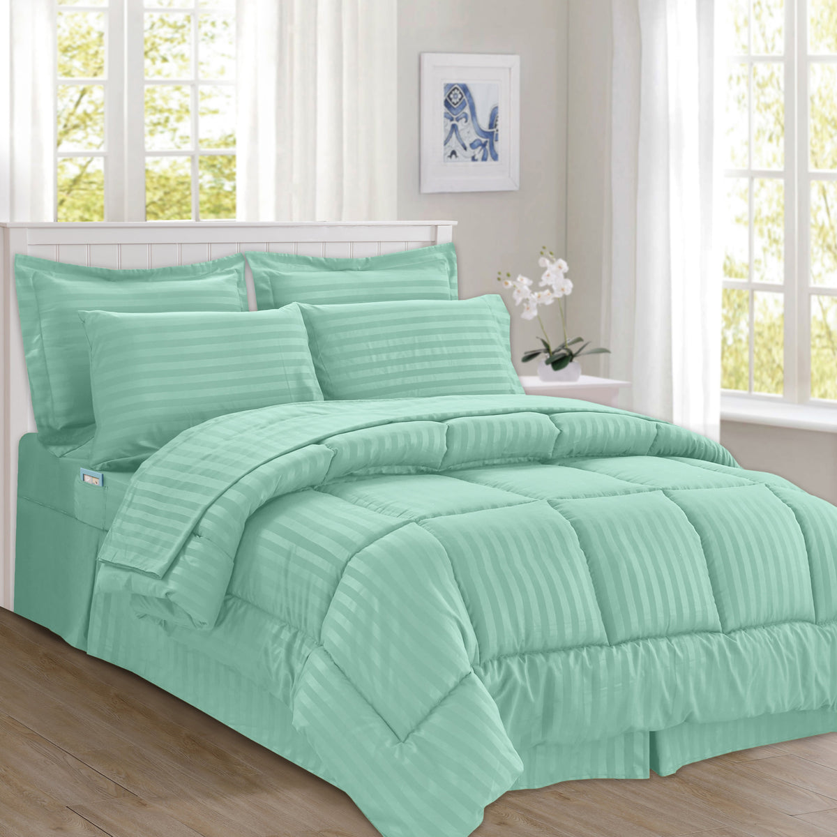 Elegant Comfort 8-Piece Dobby Stripe Comforter Set - Includes 4-Piece Sheet Set with Double Sided Storage Pockets