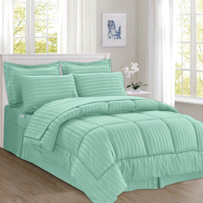 Elegant Comfort 8-Piece Dobby Stripe Comforter Set - Includes 4-Piece Sheet Set with Double Sided Storage Pockets
