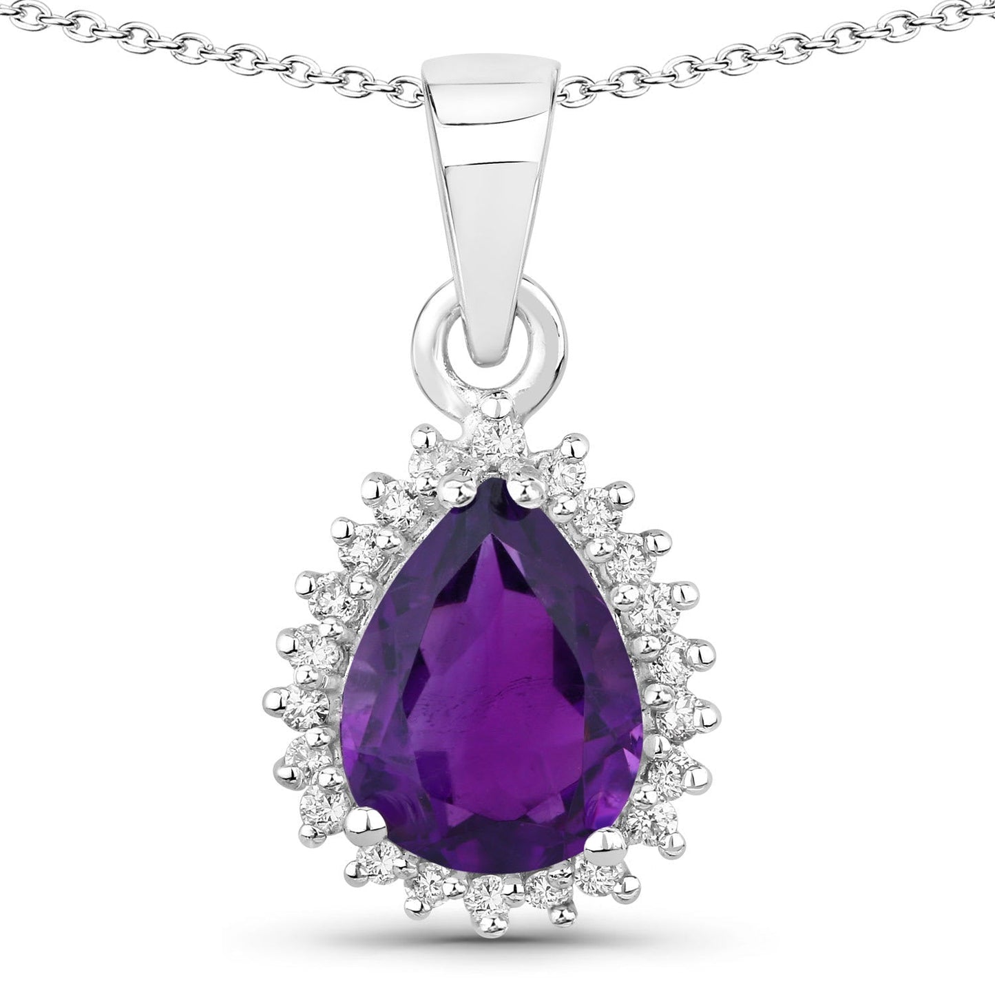 Genuine Amethyst and Lab Diamond Silver Teardrop Halo Necklace