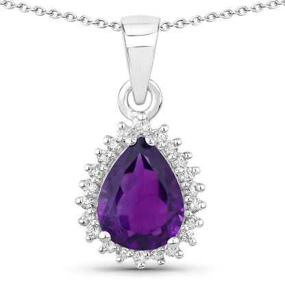 Genuine Amethyst and Lab Diamond Silver Teardrop Halo Necklace
