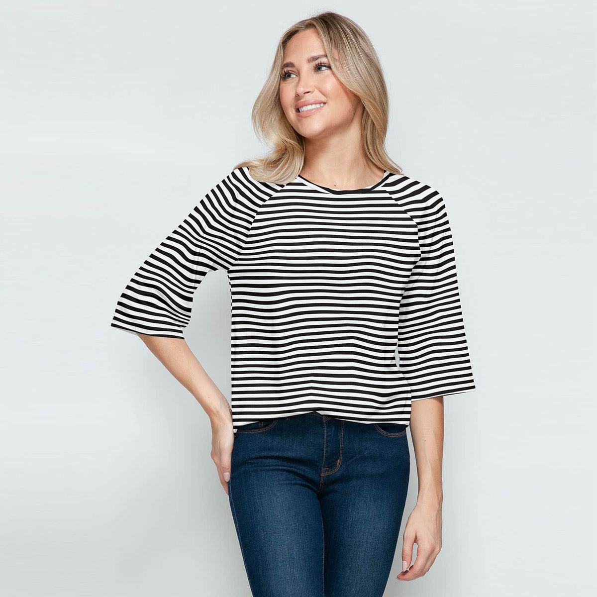 White & Black Stripe Print Round Neck Raglan Sleeve T-Shirt