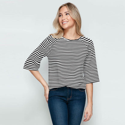 White & Black Stripe Print Round Neck Raglan Sleeve T-Shirt