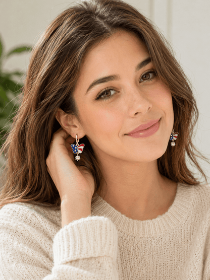 American Flag Butterfly Huggie Earrings for Women, Patriotic Red White Blue Jewelry