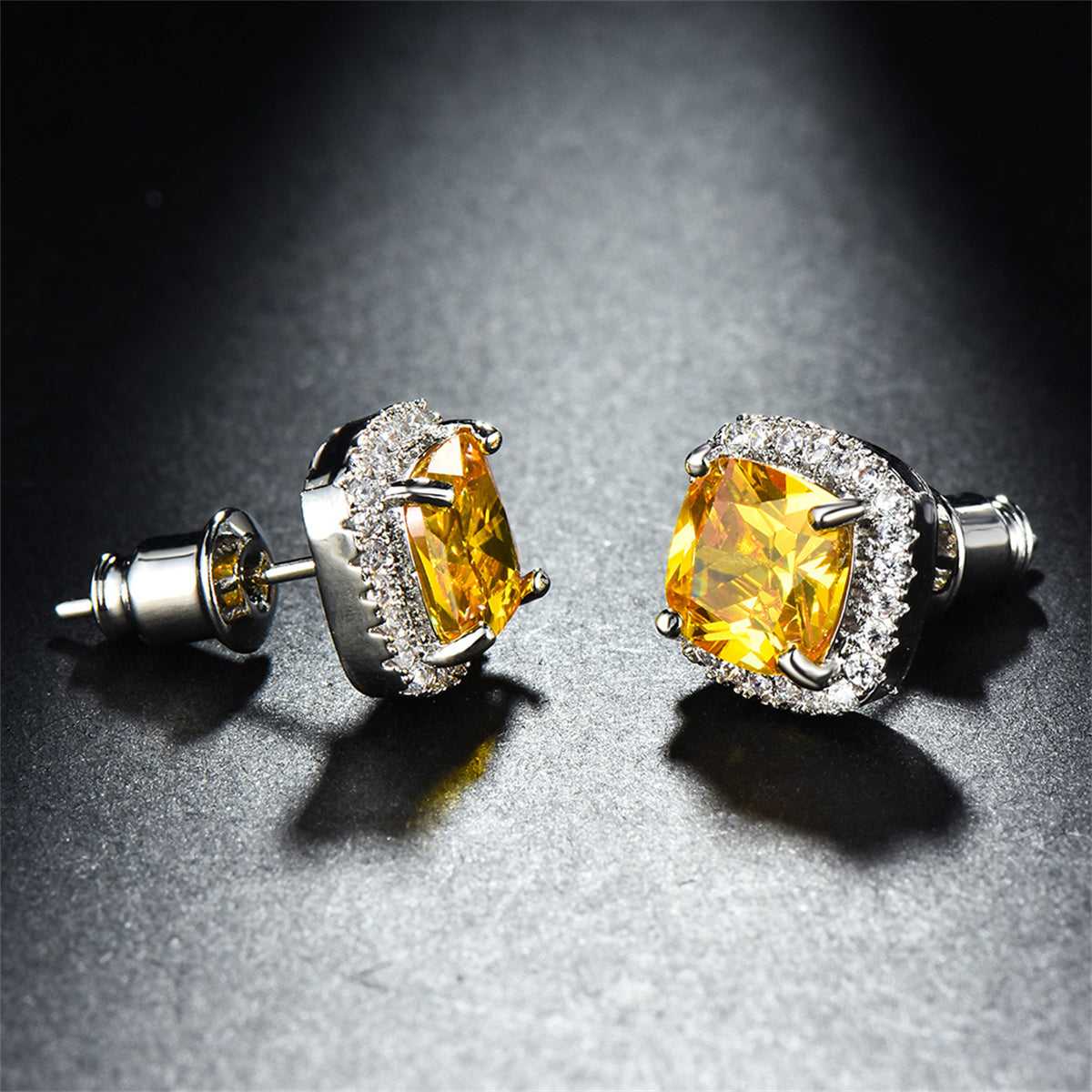 Yellow Princess Crystal & Silvertone Halo Stud Earrings