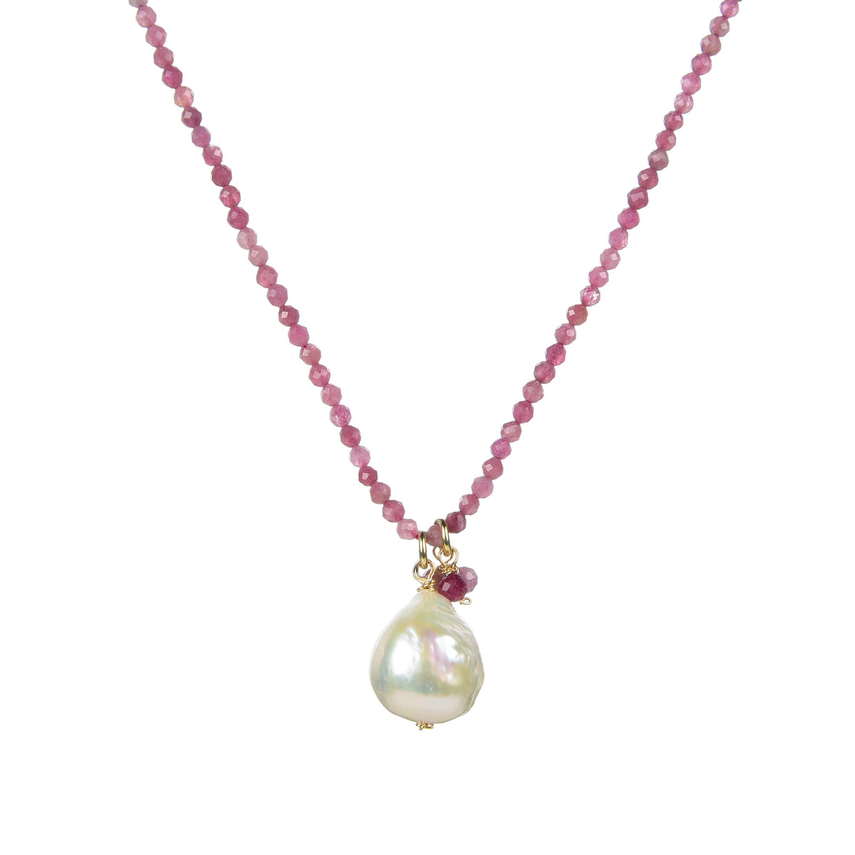 Beaded 18K Plated Sterling Silver Freshwater Pearl and Natural Pink Tourmaline Necklace