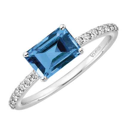 Sterling Silver Emerald Cut Natural London Blue Topaz and White Topaz Engagement Ring