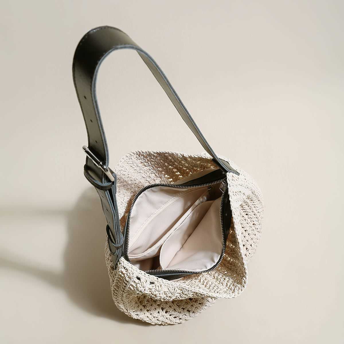Medium White Beach Tote Bag with Blue Leather Straps