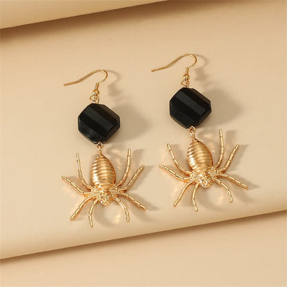 Black Acrylic & Goldtone Spider Drop Earrings