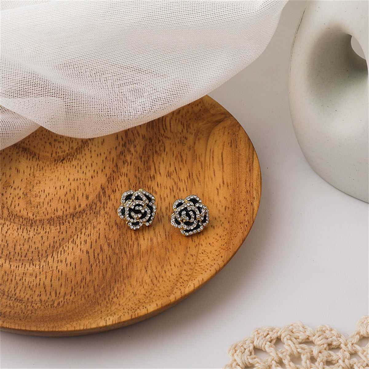 Black & Cubic Zirconia Pavé Camellia Stud Earrings