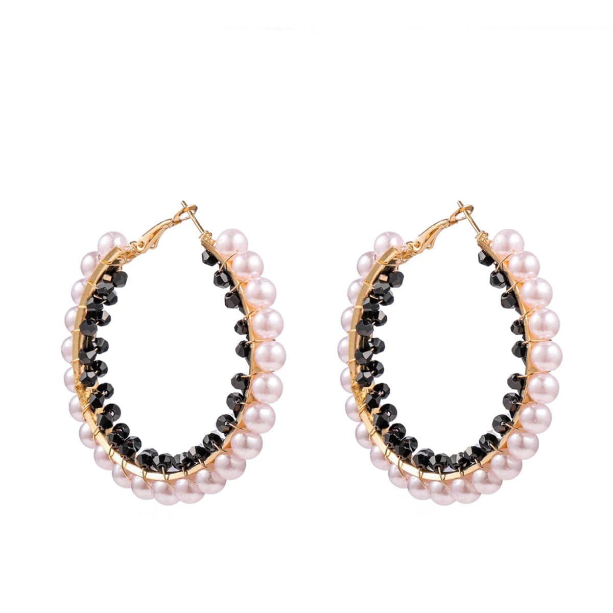 Black Acrylic & Pearl Goldtone Hoop Earrings