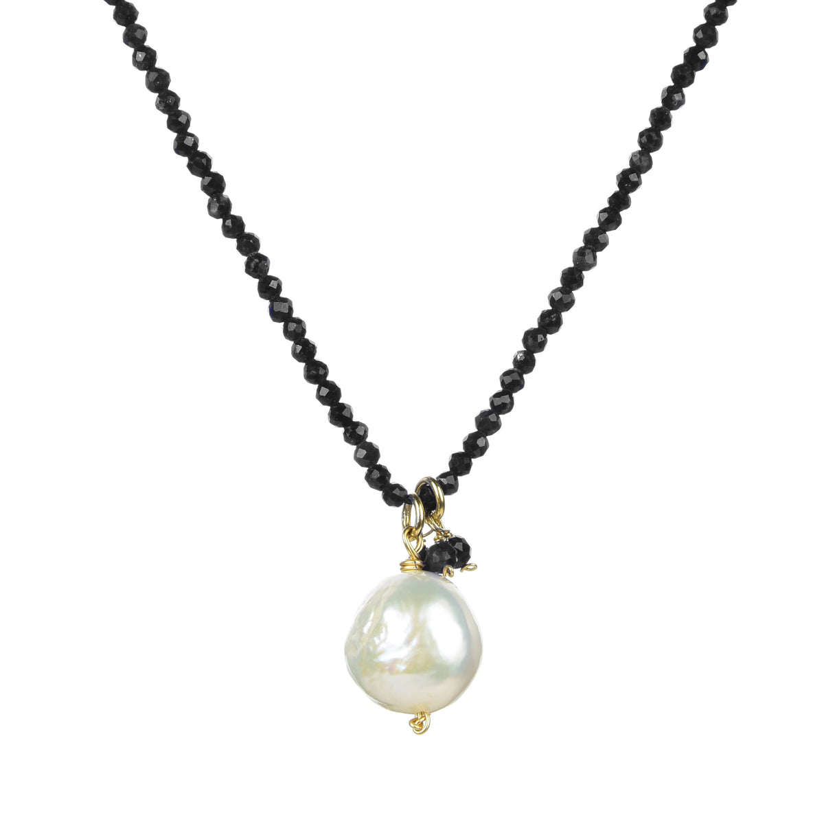 18K Plated Sterling Silver Freshwater Pearl and Natural Black Spinel Necklace with Adjustable Chain