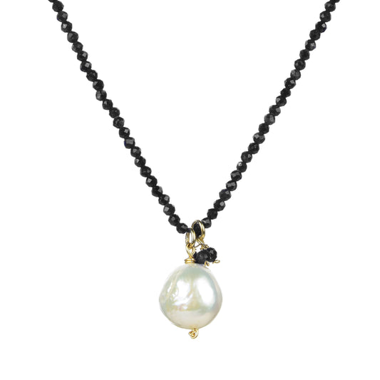 18K Plated Sterling Silver Freshwater Pearl and Natural Black Spinel Necklace with Adjustable Chain