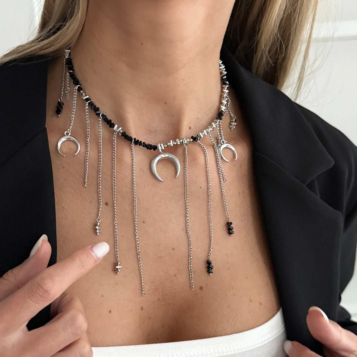 Black Acrylic & Silvertone Moon Pendant Tassel Necklace
