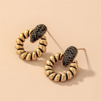 Black Cubic Zirconia & Goldtone Twisted Circle Earrings