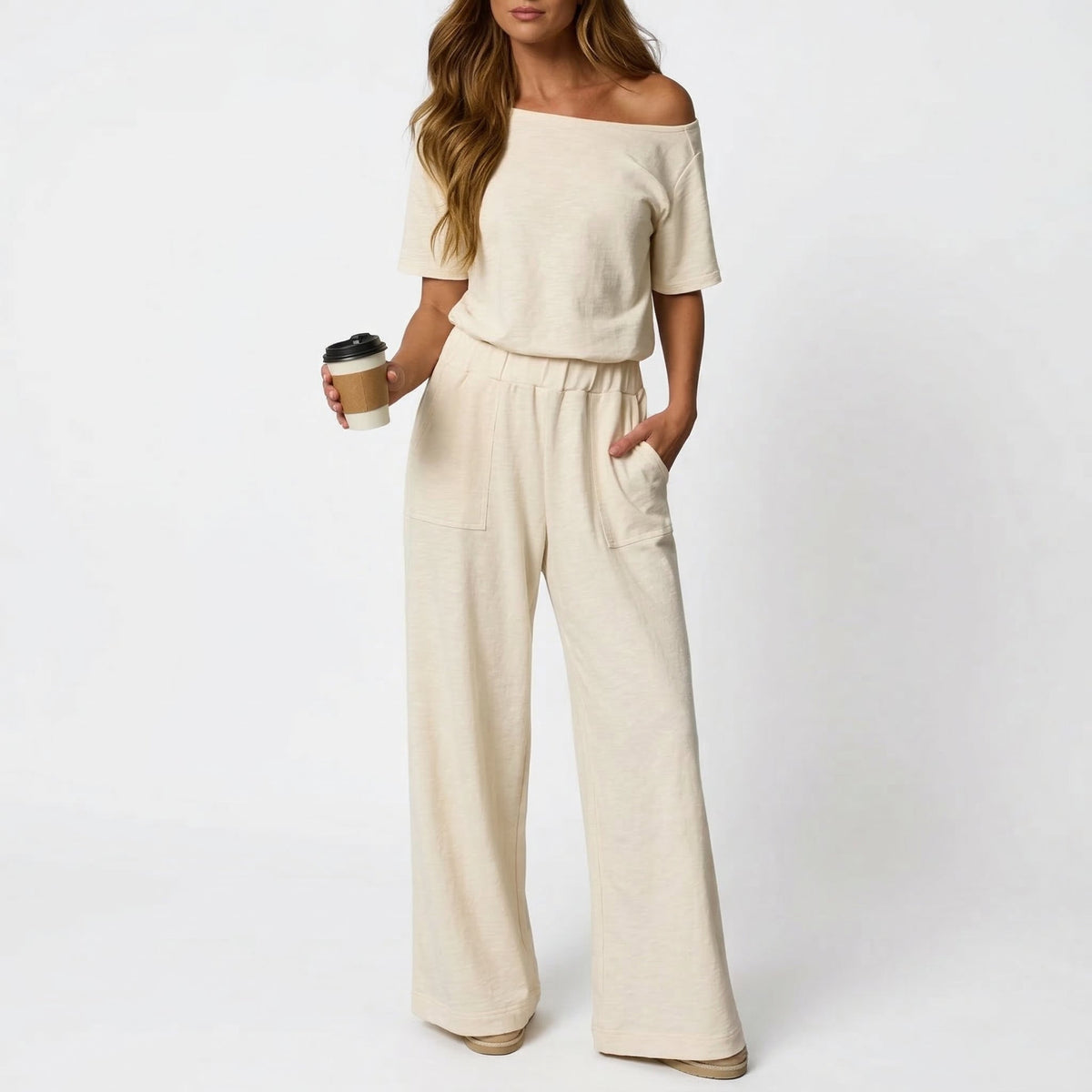🔥Women's Short Sleeve Back Cutout Casual Wide Leg Loose Fit One-Piece Jumpsuit