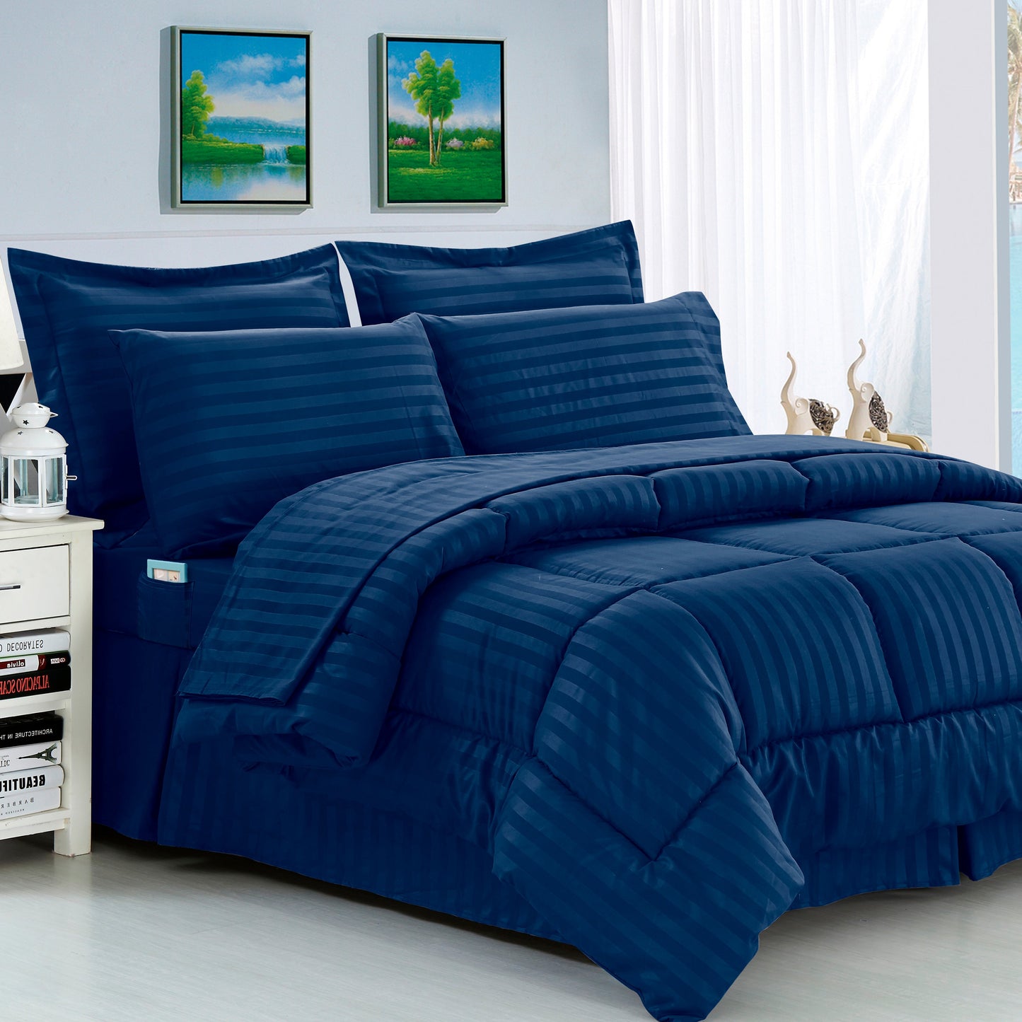 Elegant Comfort 8-Piece Dobby Stripe Comforter Set - Includes 4-Piece Sheet Set with Double Sided Storage Pockets
