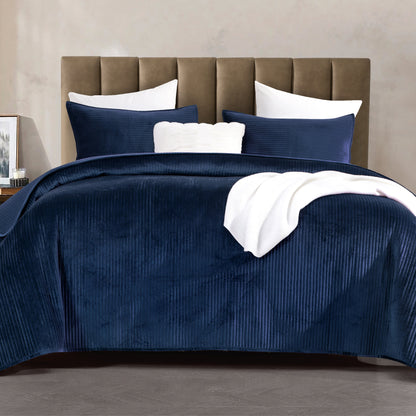 Elegant Comfort 3-Piece Velvet Corduroy Stripe Quilted Bedspread Coverlet Set
