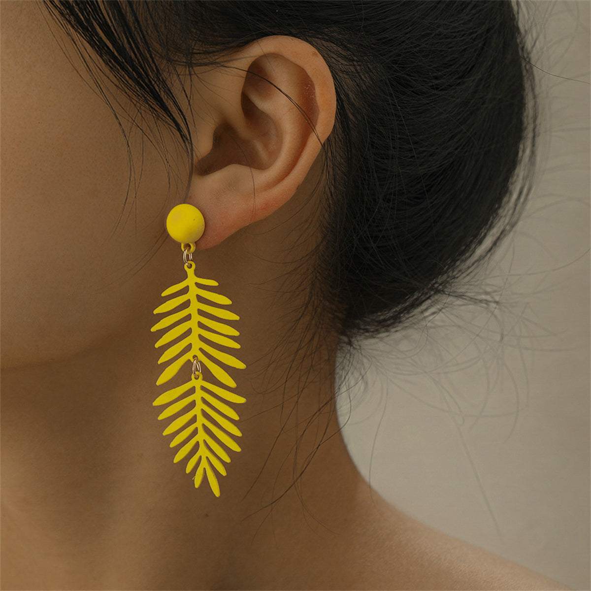 Yellow Enamel & Goldtone Leaves Drop Earrings
