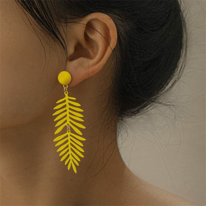 Yellow Enamel & Goldtone Leaves Drop Earrings