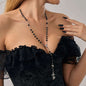 Black Acrylic & Silvertone Cross Drop Necklace