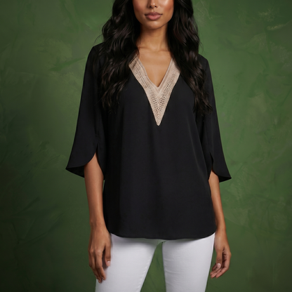Anna-Kaci Women's Split Sleeve V-Neck Blouse with Crochet Detail