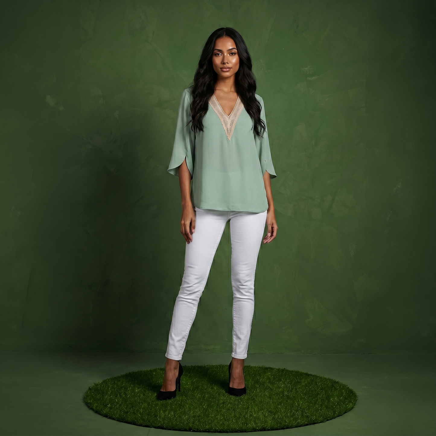 Anna-Kaci Women's Split Sleeve V-Neck Blouse with Crochet Detail