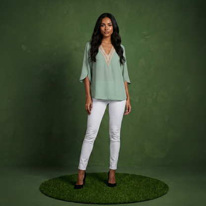 Anna-Kaci Women's Split Sleeve V-Neck Blouse with Crochet Detail