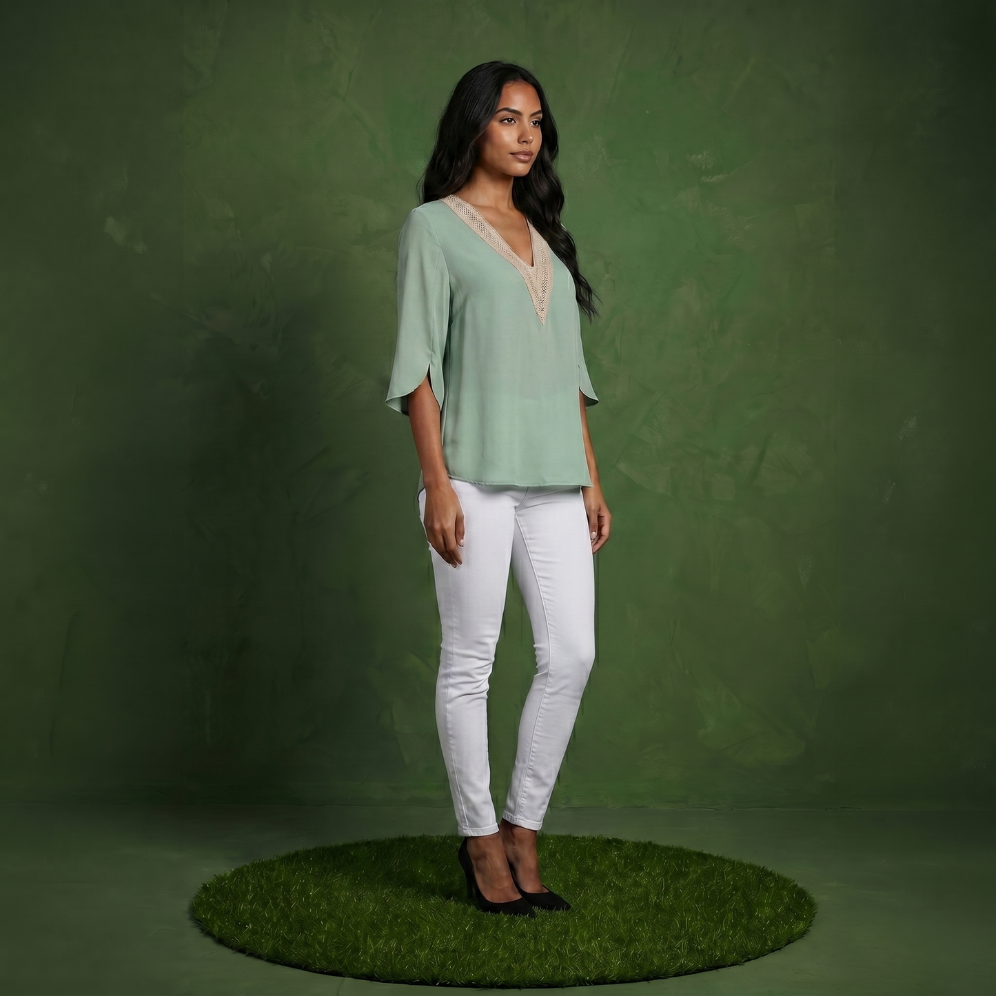 Anna-Kaci Women's Split Sleeve V-Neck Blouse with Crochet Detail