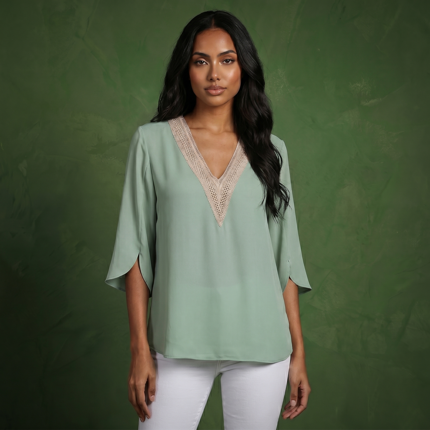 Anna-Kaci Women's Split Sleeve V-Neck Blouse with Crochet Detail