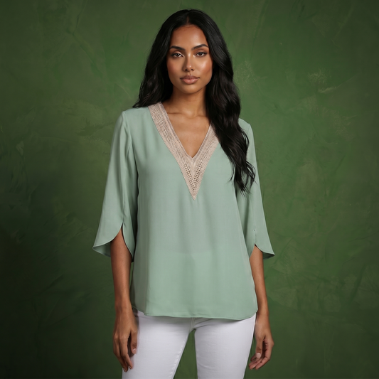 Anna-Kaci Women's Split Sleeve V-Neck Blouse with Crochet Detail