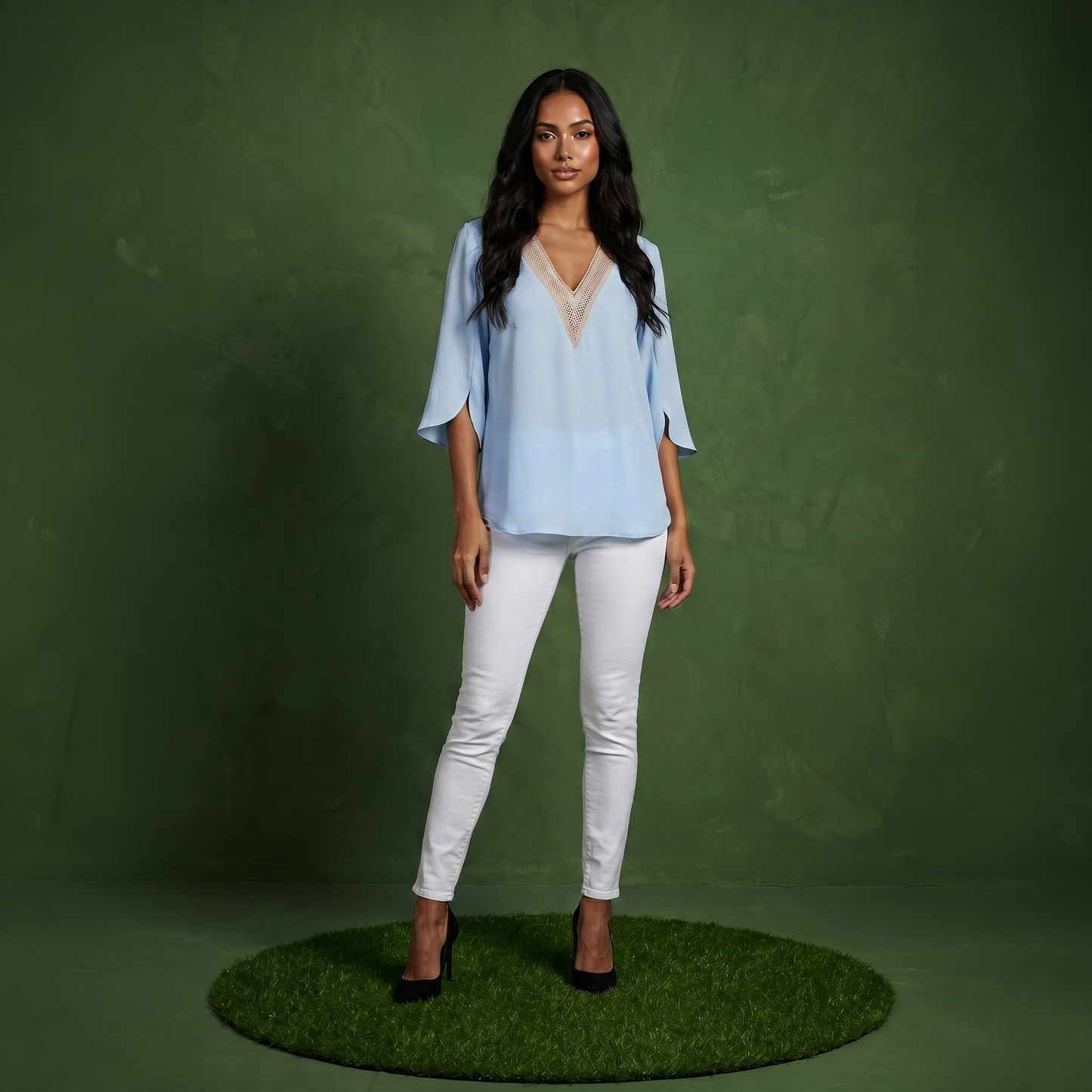 Anna-Kaci Women's Split Sleeve V-Neck Blouse with Crochet Detail