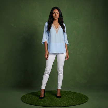 Anna-Kaci Women's Split Sleeve V-Neck Blouse with Crochet Detail