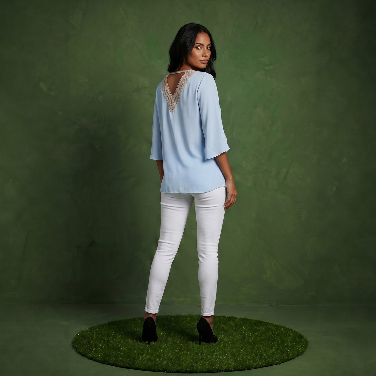Anna-Kaci Women's Split Sleeve V-Neck Blouse with Crochet Detail