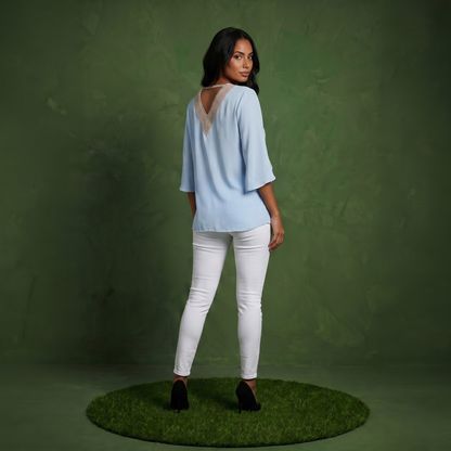 Anna-Kaci Women's Split Sleeve V-Neck Blouse with Crochet Detail