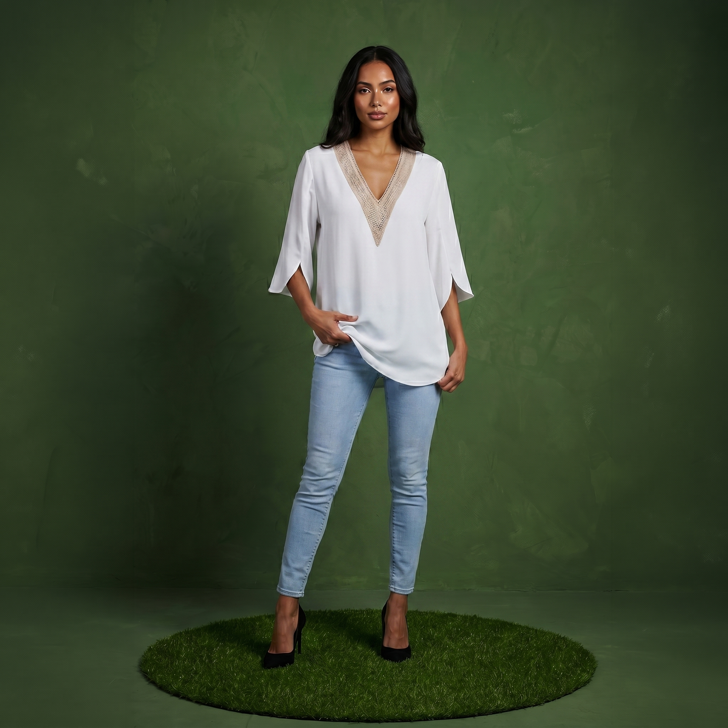 Anna-Kaci Women's Split Sleeve V-Neck Blouse with Crochet Detail