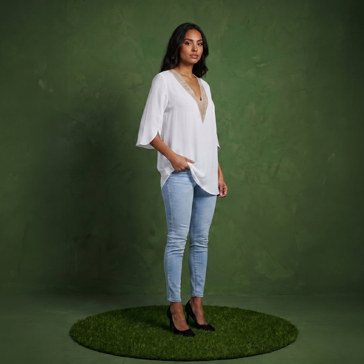 Anna-Kaci Women's Split Sleeve V-Neck Blouse with Crochet Detail
