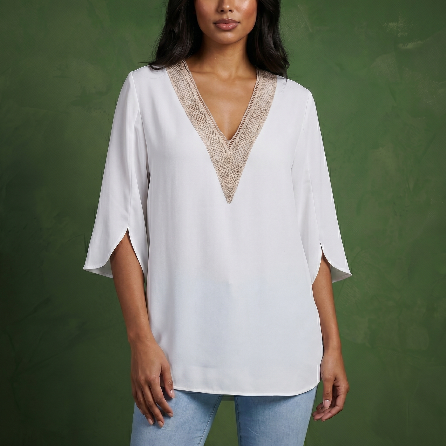 Anna-Kaci Women's Split Sleeve V-Neck Blouse with Crochet Detail