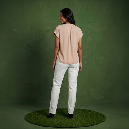 Anna-Kaci Women's Short Sleeve Blouse with Gathered V-Neckline and Rolled Cuffs