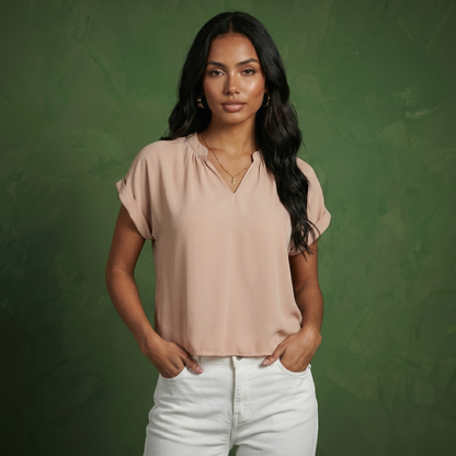 Anna-Kaci Women's Short Sleeve Blouse with Gathered V-Neckline and Rolled Cuffs