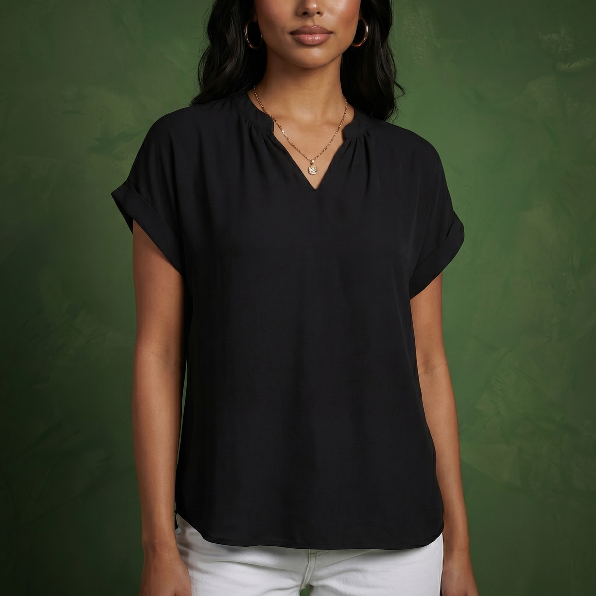 Anna-Kaci Women's Short Sleeve Blouse with Gathered V-Neckline and Rolled Cuffs