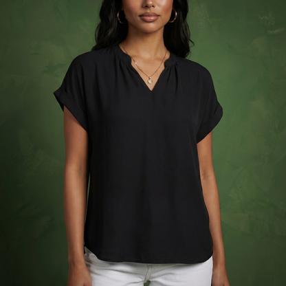 Anna-Kaci Women's Short Sleeve Blouse with Gathered V-Neckline and Rolled Cuffs