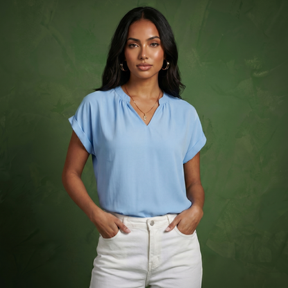 Anna-Kaci Women's Short Sleeve Blouse with Gathered V-Neckline and Rolled Cuffs