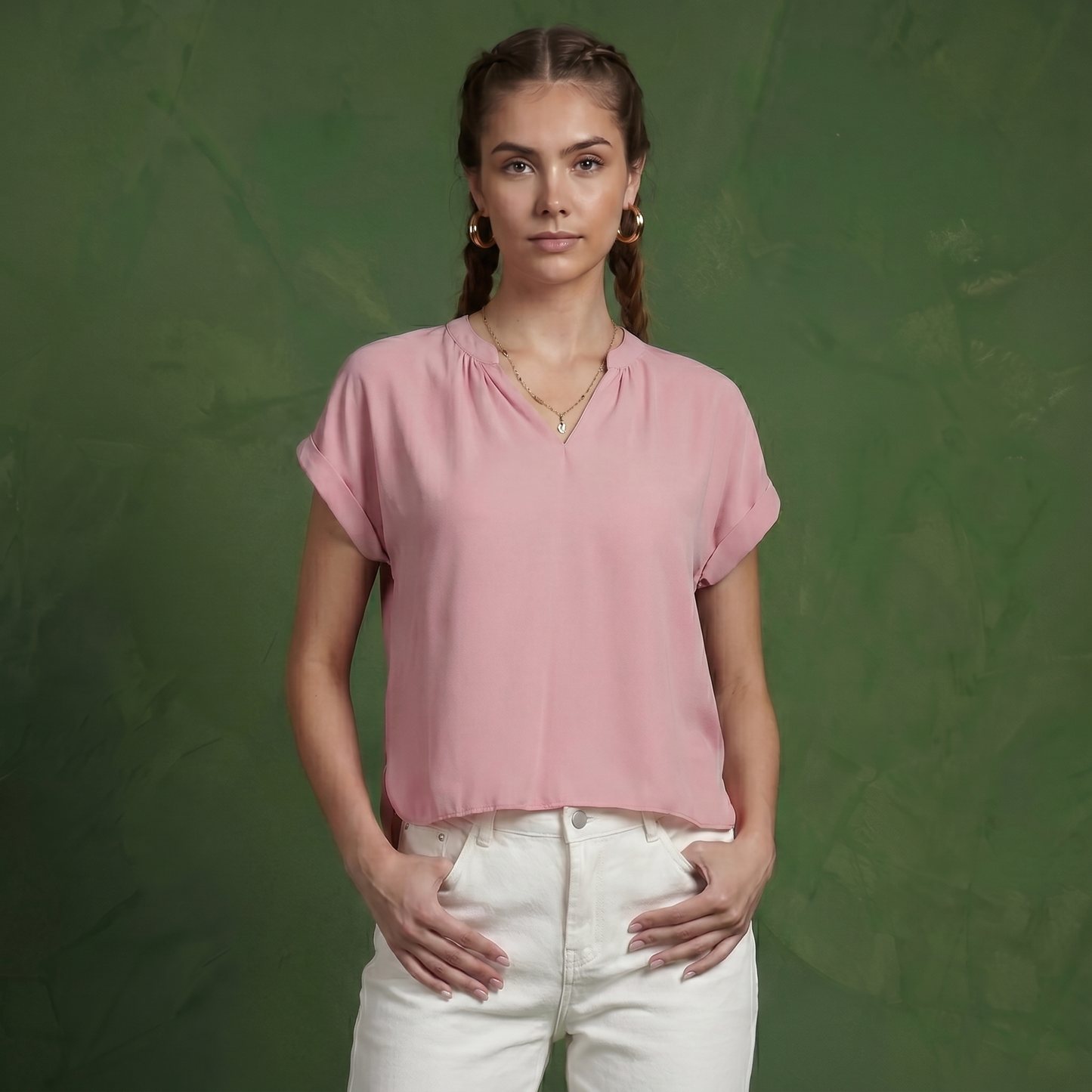 Anna-Kaci Women's Short Sleeve Blouse with Gathered V-Neckline and Rolled Cuffs