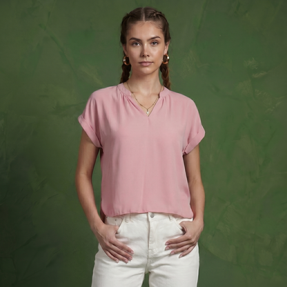 Anna-Kaci Women's Short Sleeve Blouse with Gathered V-Neckline and Rolled Cuffs