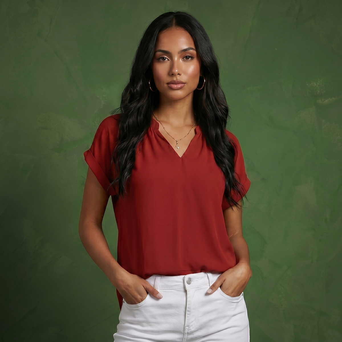 Anna-Kaci Women's Short Sleeve Blouse with Gathered V-Neckline and Rolled Cuffs