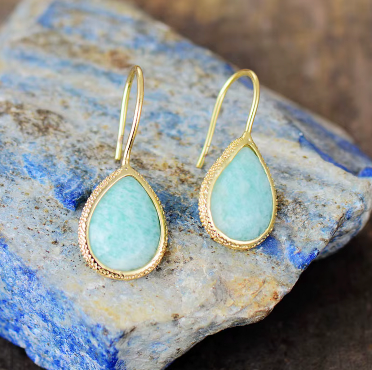 Amazonite Gemstone Teardrop Drop Earrings in Goldtone