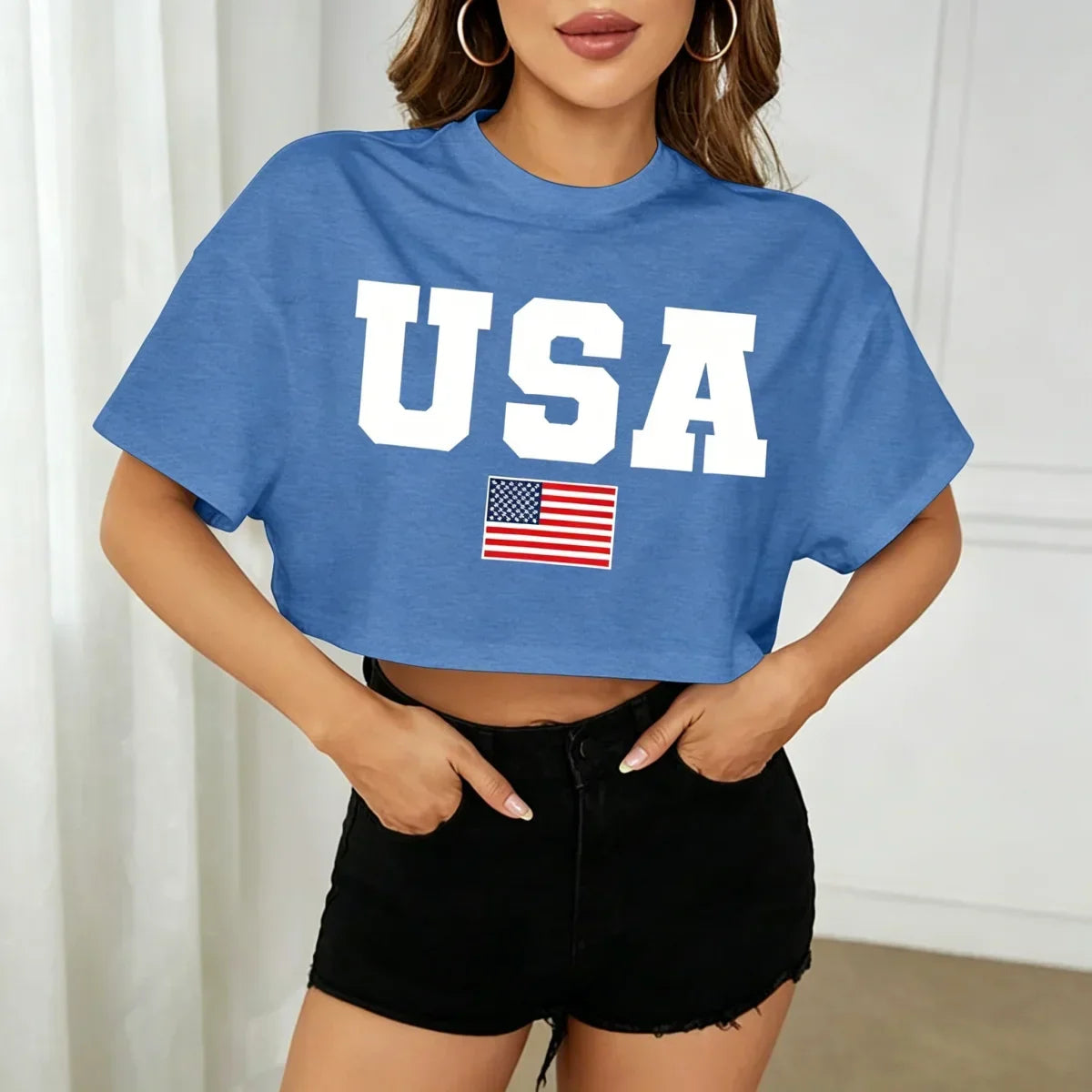 4th of July USA Printed Cropped Shirt